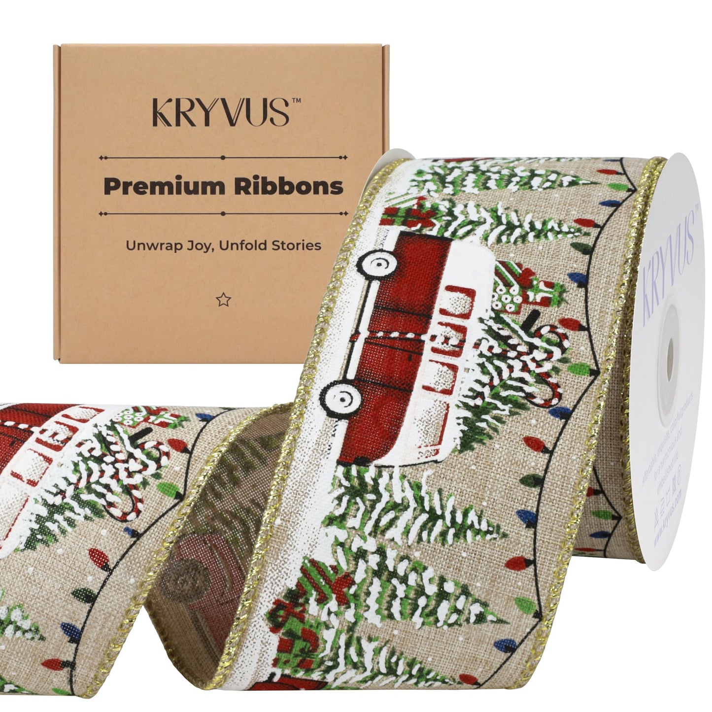 Kryvus Christmas Wired Ribbon, 2.5 Inch x 10 Yards, Natural Linen Ribbon with Gold Wired Edge for Wreaths, Gift Wrapping, Christmas Tree Decorations and Holiday Crafts (Bus)