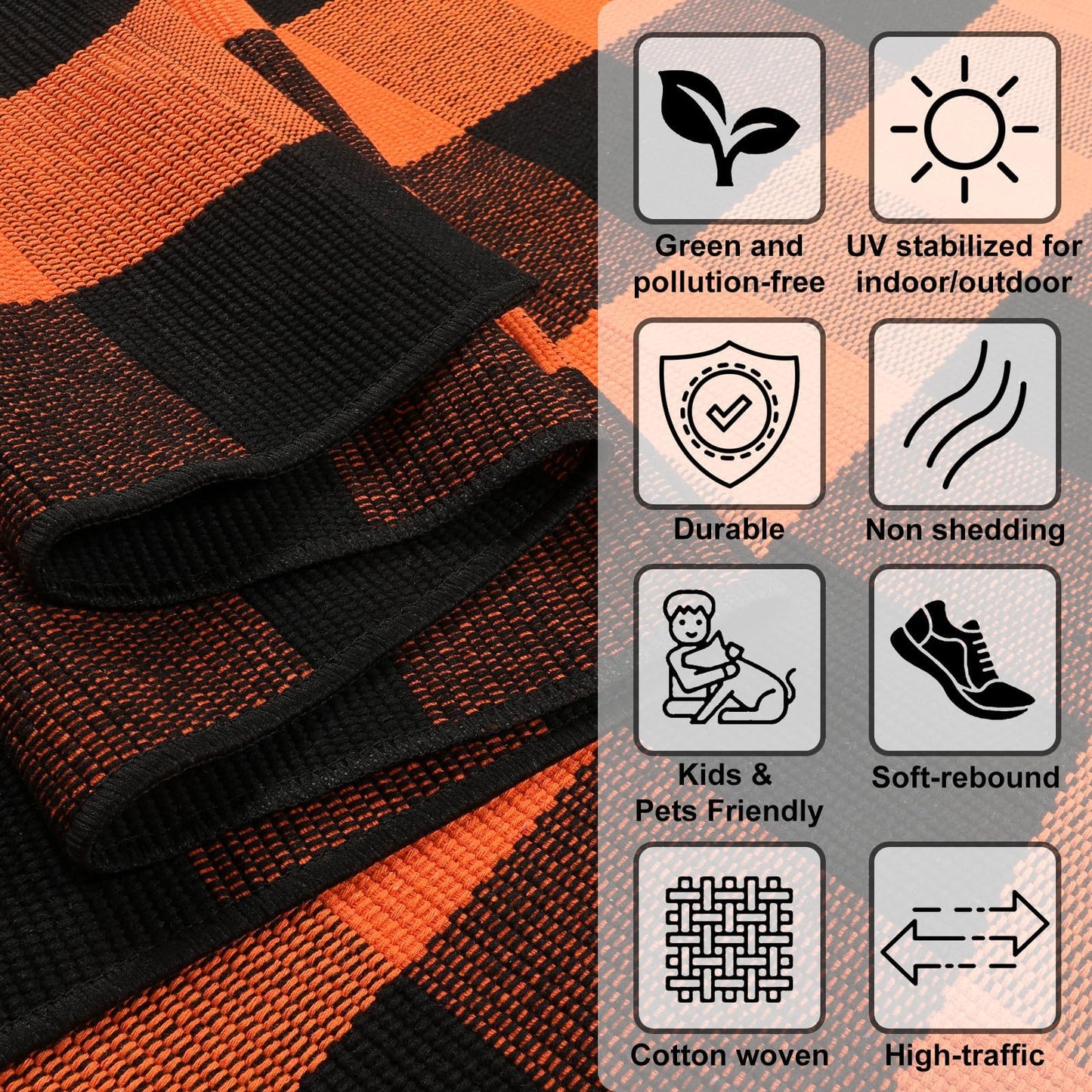 LEEVAN Halloween Outdoor Rug 2x4, Buffalo Plaid Fall Decor Washable Orange and Black Checkered Entryway Rugs, Small Front Porch Door Mat, Cotton Woven Layered Carpet for Farmhouse/Kitchen/Bathroom