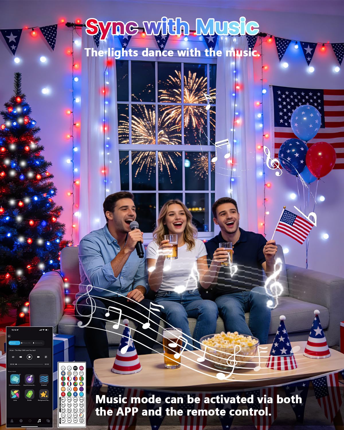 600LED Smart 4th of July String Lights | 206FT App Controlled Red White and Blue American Flag Lights, Waterproof Patriotic RGB Color Changing String Lights with Remote & Timer Outdoor for Memory Day