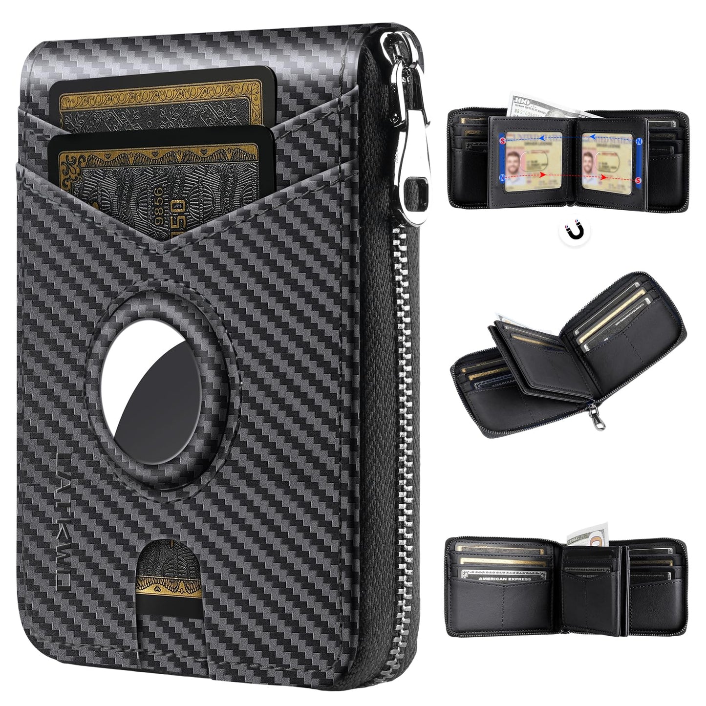 LATKWO Men’s RFID Blocking Zipper AirTag Wallet with 2 ID Windows - Large Capacity Design, 13 Credit Card Slots |Durable Men’s Accessories Secure Holder for Apple Air Tag (Black)