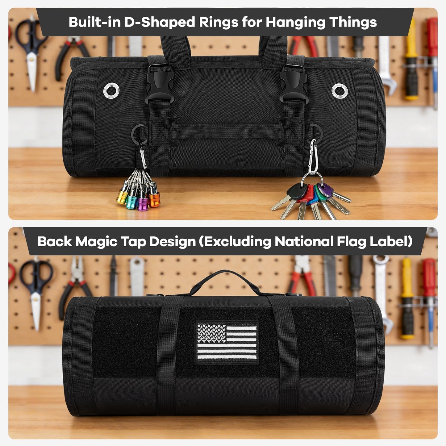 ANILD Roll Up Tool Bag Organizer, Heavy Duty Portable Tool Roll Organizer Bag with 2 Detachable Pouches, Father’s Day Gift, Gifts for Men, Electrician, Mechanic& Hobbyist (Black, Large)
