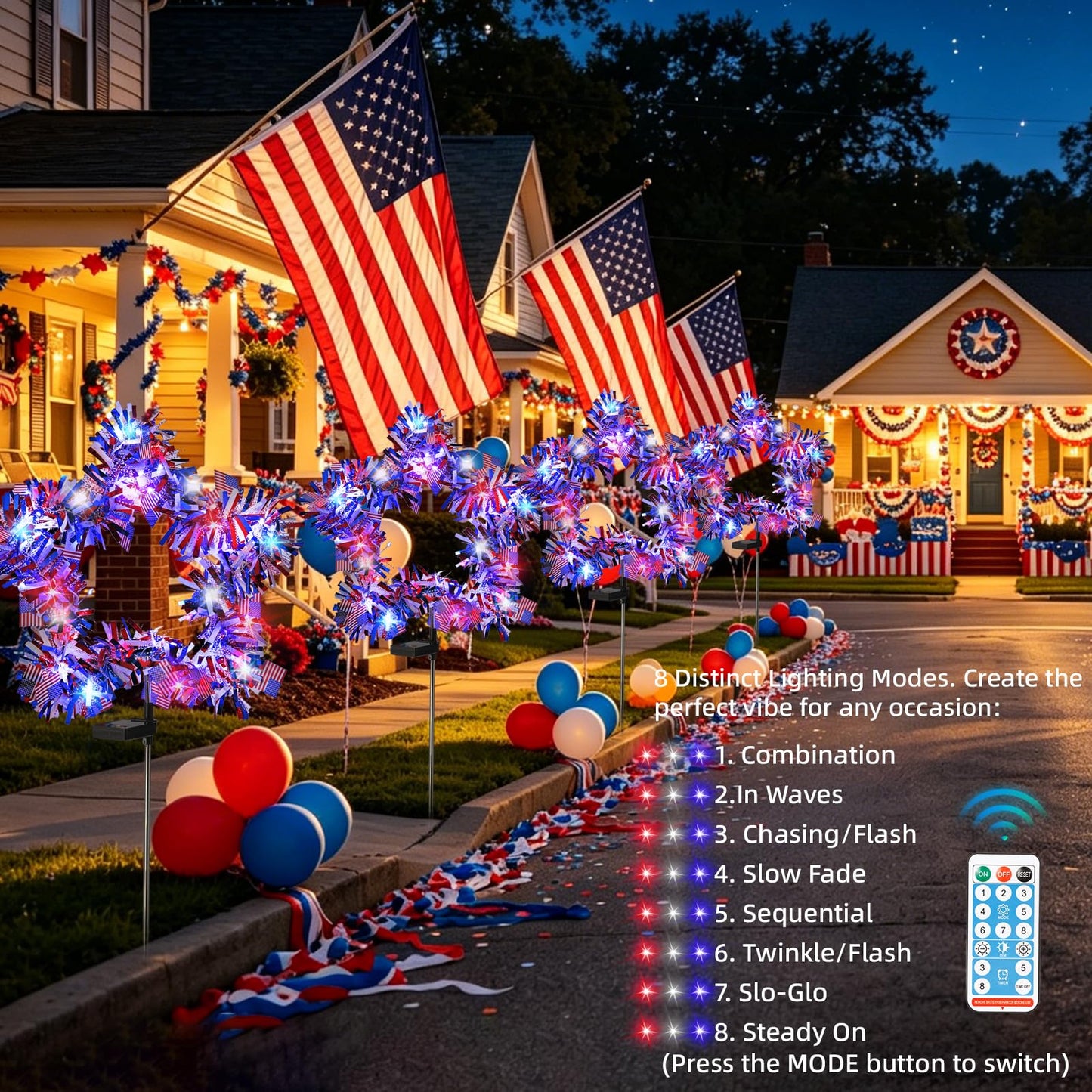 Kaitesla 2 Pack July 4th American Flag Solar American Flag Lights July 4th Solar Patriotic Flag Lights, 8 Modes Garden Pile Lights 50 LED Garden Landscape Lights Street Lights (Red White & Blue)