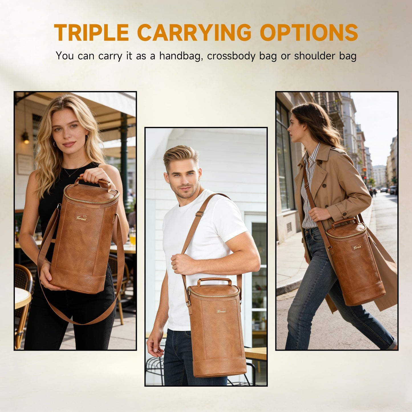 Tirrinia 2 Bottle Wine Carrier Bag, Insulated Wine Tote Cooler Bag with Shoulder Strap, for Travel, Picnic, BYOB & Christmas for Wine Lovers, Brown
