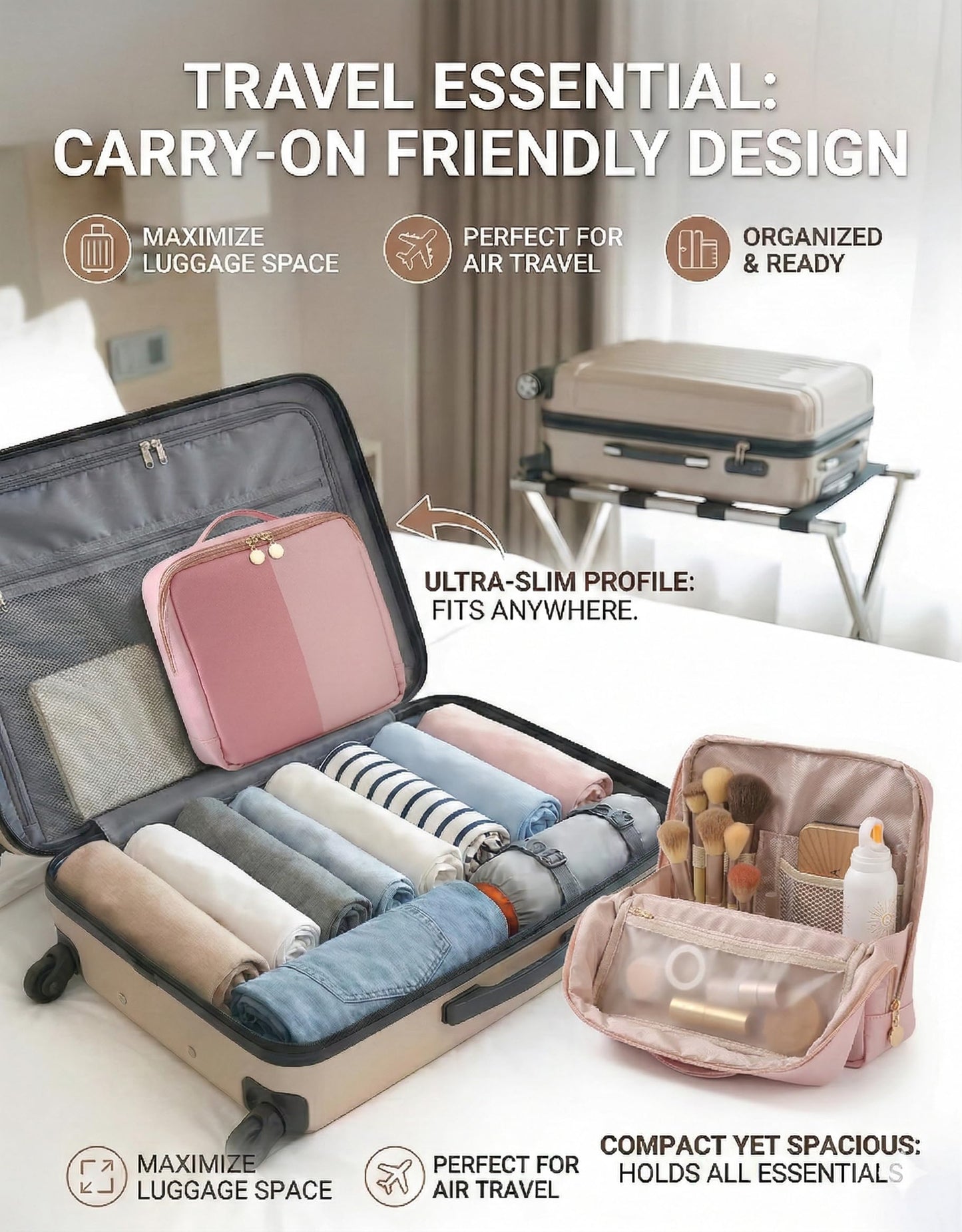 Lucatherine Large Standing Makeup Bag, Sturdy PU Leather Cosmetic Organizer with Fold-Down Phone Tray, Waterproof Travel Toiletry Case with Wipeable TPU Brush Holder, 9.5 Inch, Pink