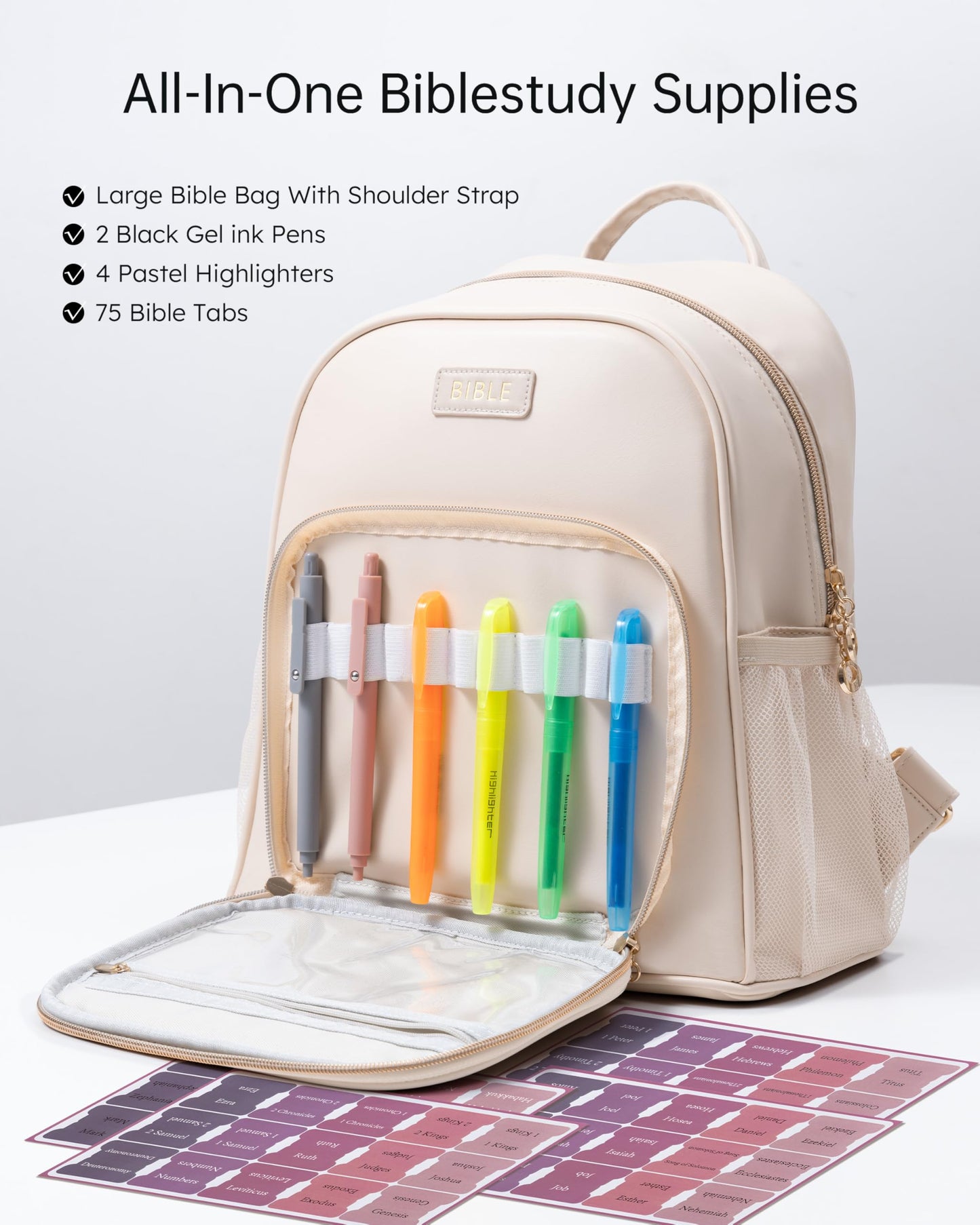 Premium Bible Backpack Set for Women - Stylish Checkered PU Leather Bible Bag with 72 Bible Tabs, 4 Highlighters & 2 Pens - Ideal for Church, Study & Travel