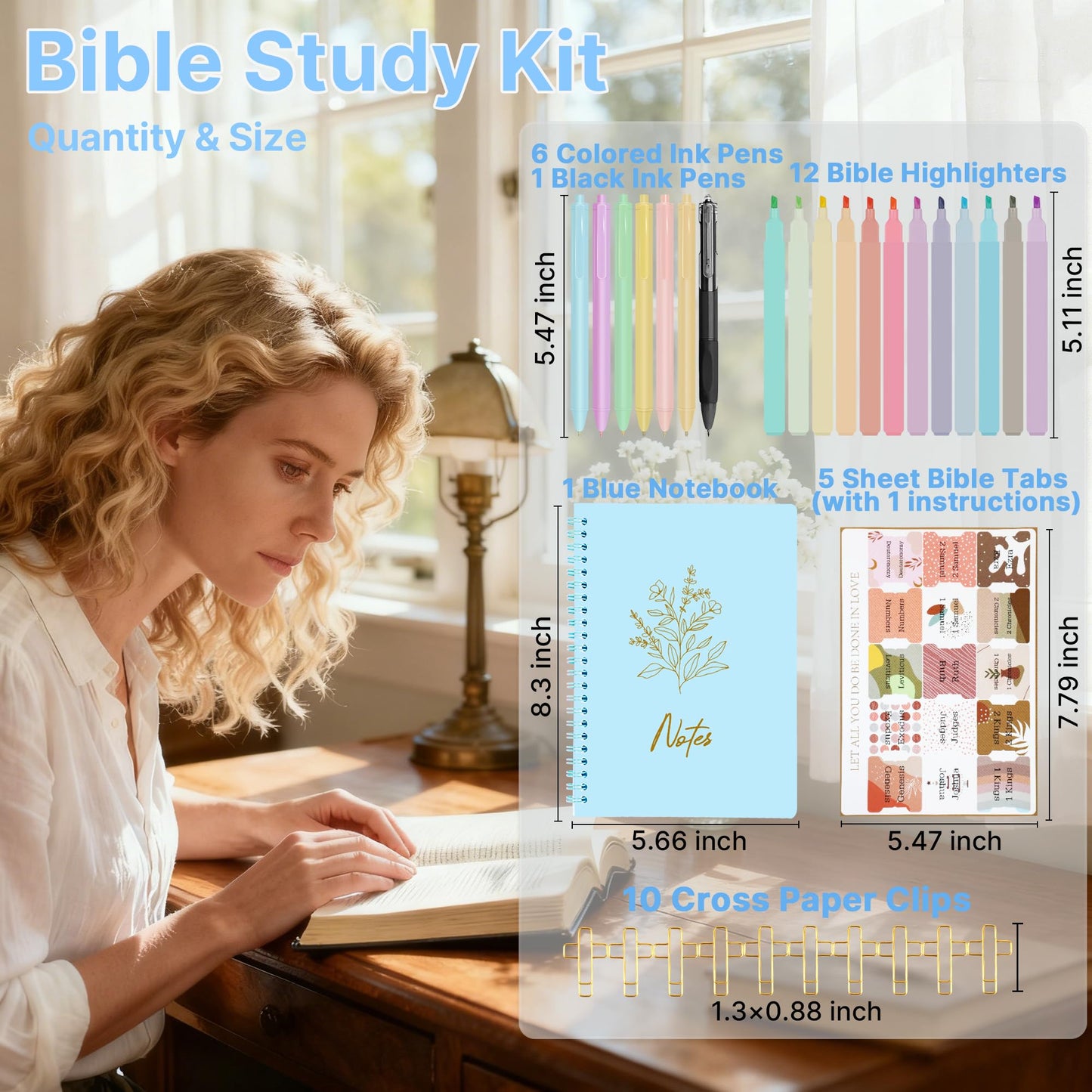 PUGPIU Bible Cover Case for Women, Large Quilted Bible Bag with Shoulder Strap and Handle, Bible Study Supplies Journaling Kit with Highlighters Pens No Bleed Tabs Notebook Cross Clips (Light Blue)