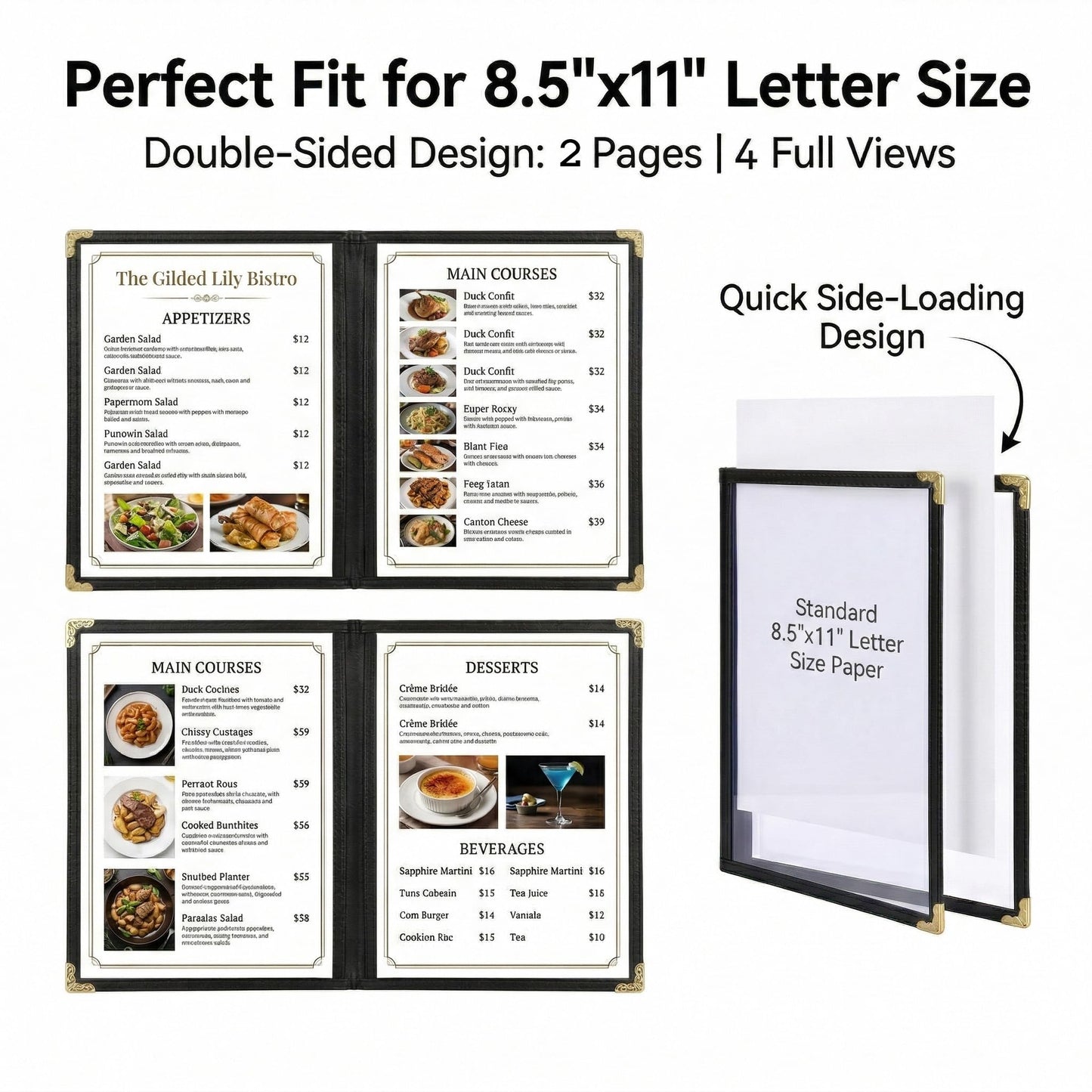 Restaurant Menu Covers 8.5 x 11 – Black Faux Leather Menu Holder with Gold Corners, 2 Pages 4 Views, Waterproof Menu Covers for Restaurants, Cafes & Bars