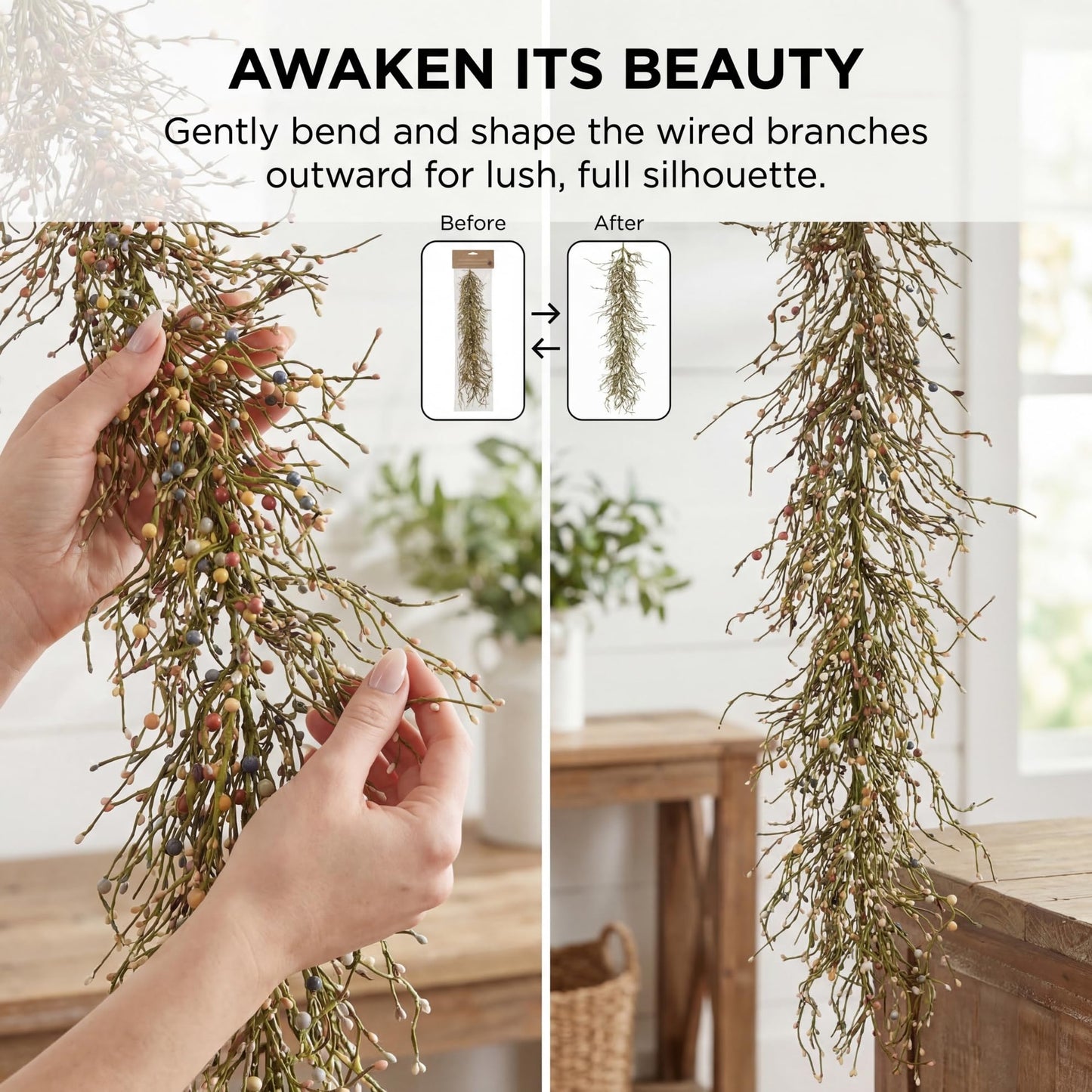 Quixem 60 Inch (5FT) Rustic Pastel Blue Peach & Yellow Pip Berry Garland for Fireplace Mantel & Table Runner, Flexible Wired Artificial Vine, Spring Farmhouse Decor, Precise Size