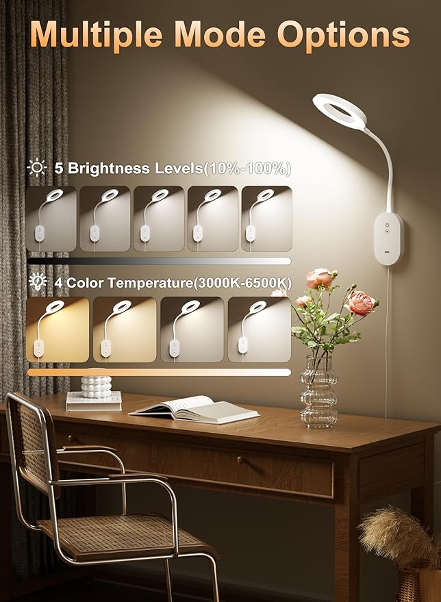 deeloop LED Wall Mounted Reading Light, Book Light for Reading in Bed with 10W USB Output Fast,Touch Control, 4 Color Modes 5 Dimmable, 4-Hour Auto Off Memory Function Headboard Bed Lights (White)