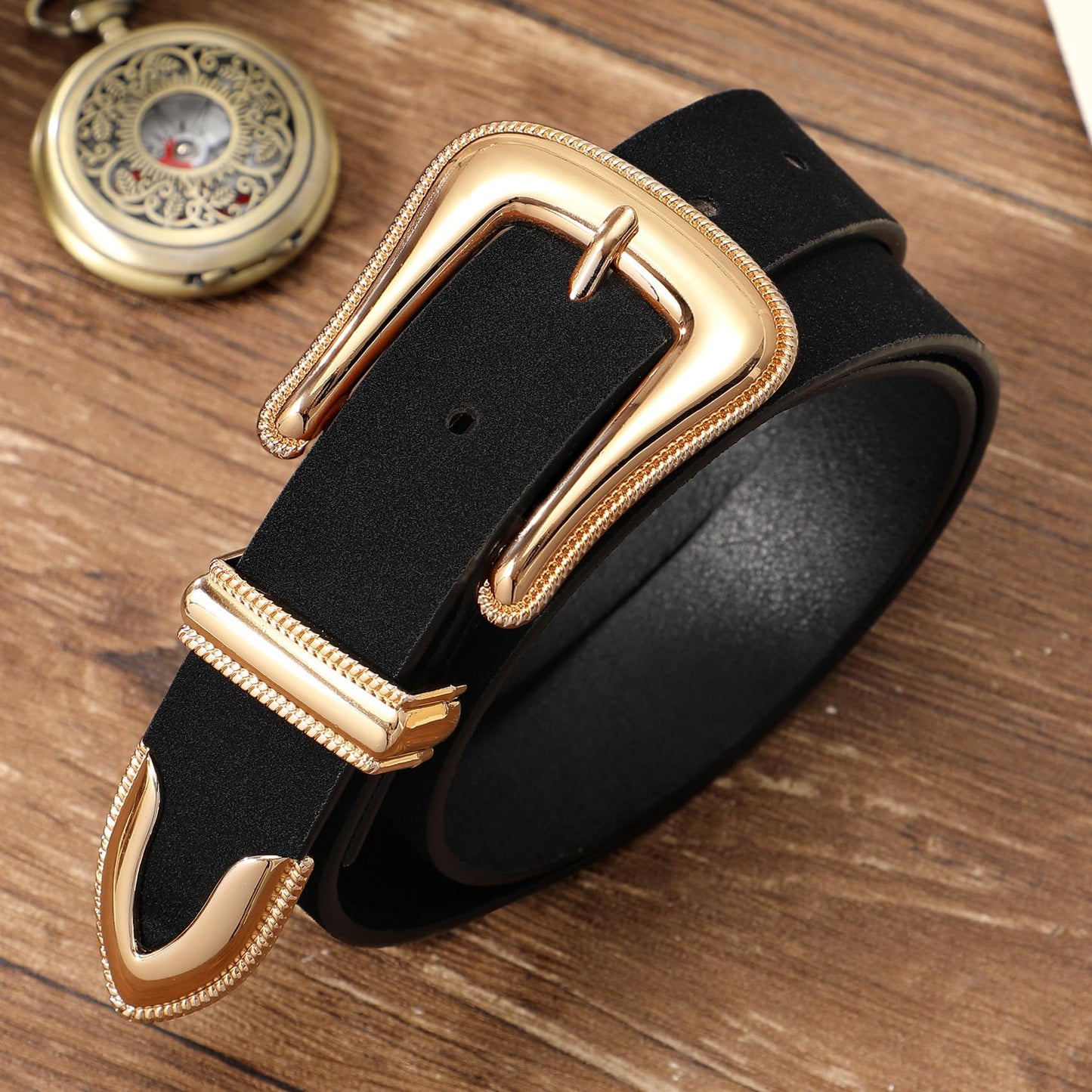 XZQTIVE Women’s Western Suede Leather Belt with Retro Gold Buckle – Adjustable Cowgirl Belt for Jeans,Dresses & Country Style