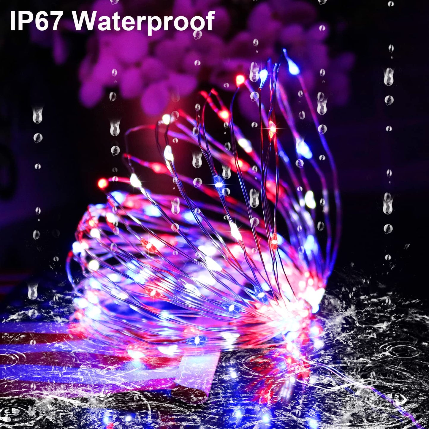 YAOZHOU 4th of July Patriotic Decorations, Red White Blue Solar Fairy String Lights Outdoor Waterproof, 2Pack Total 200LED 66Ft, IP67 8 Modes Outside for Memorial Day, Garden, Patio, Yard