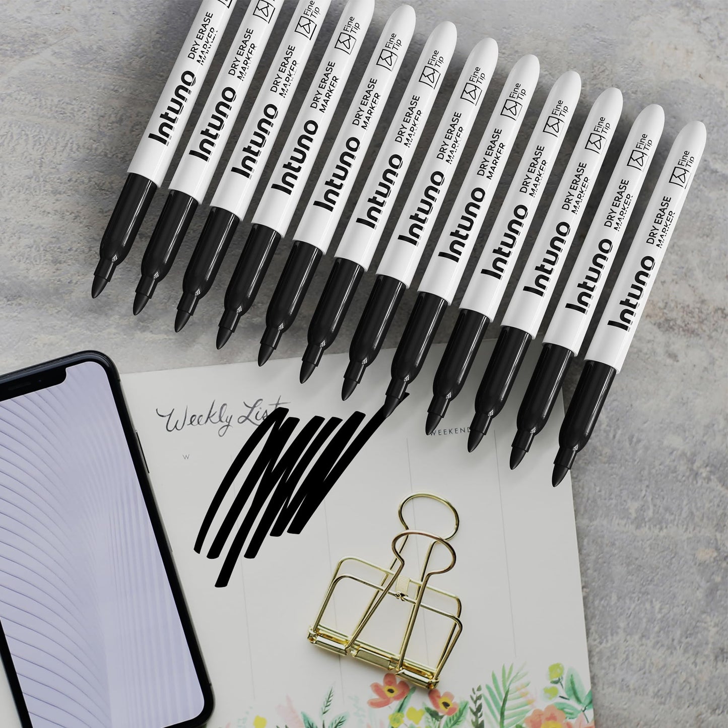 INTUNO Dry Erase Markers, 108 Count Black, Fine tip, Low-Odor, Perfect for Office, Teaching, Meeting, Presentation, Classroom, Home