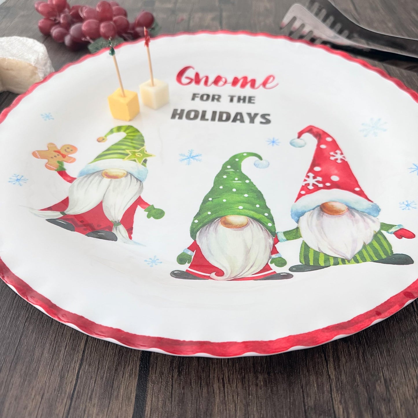 UP UPware Melamine Serving Platter BPA Free Food Platter 14 Inch Round Platter for Christmas (Gnomies)