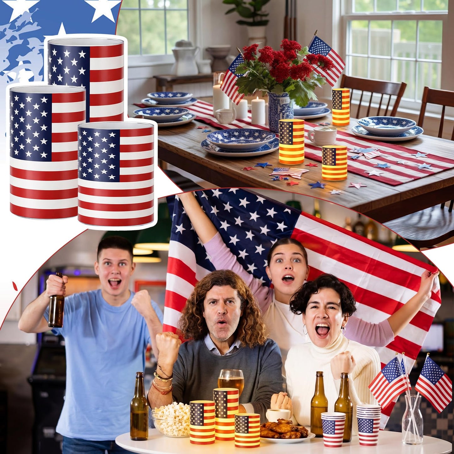 Baquler 3 Set 4th of July Flameless Candles Patriotic USA Flag Flameless Candles 250th Anniversary Lampshade with LED Tea Lights National Flag Candle Decoration for Independence Tabletop Home Decor