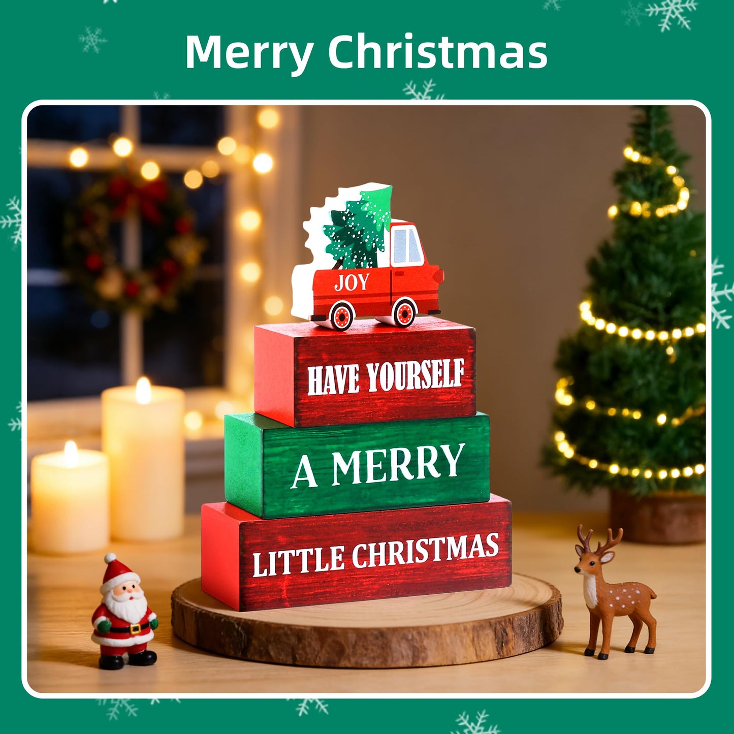 4 Pcs Christmas Wooden Tiered Tray Decor, Merry Christmas Decorations Gifts for Home, Winter Table Centerpiece for Xmas Party Kitchen Office