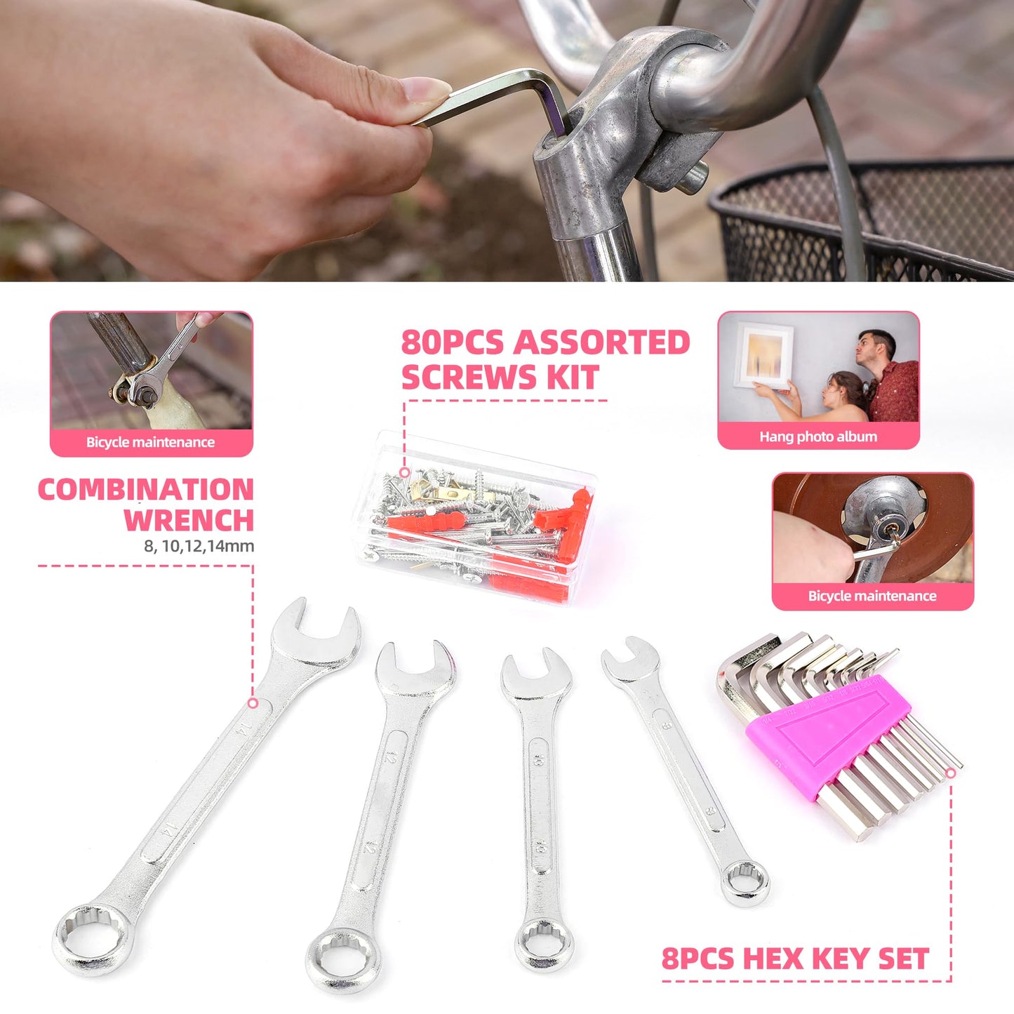 URASISTO 125 PCS Pink Household Tool Set, Pink Ladies Basic House DIY Toolkit Set for Home Garage Office College Dormitory Use, Hand Tool Kits for Women