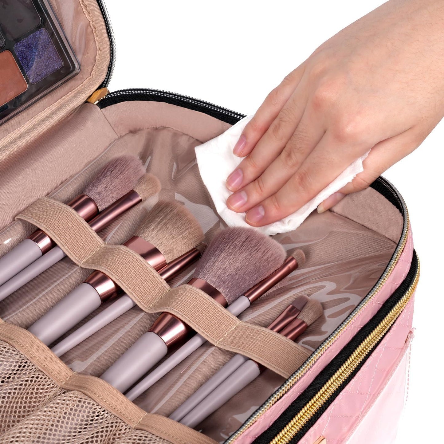 BAFAMYE Double Layer Travel Makeup Bag for Women, Large Cosmetic Case Organizer with Makeup Brush Compartment, Portable Train Case Make Up Bag for Travel-Size