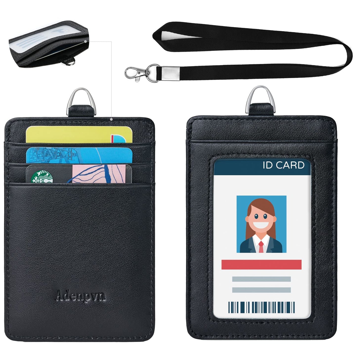 Genuine Leather id Badge Holder with Lanyard,Soft,ID Card Holder,Up to 20 Colors and Grains to Choose,frommultiple Card Slots,Vertical Work Name Badge case (161)