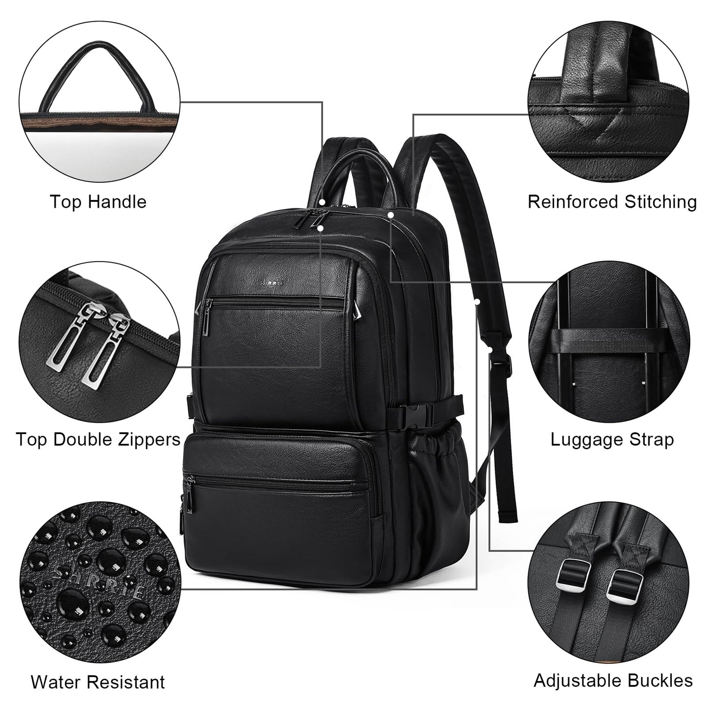 Shrrie Leather Backpack Purse Fit 17 Inch Laptop for Work Travel Business College Women Mens Leather Computer Tote Backpack Purse Black 35L Roomy Office Water-Resistant Back Pack Bag
