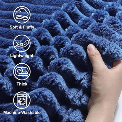 decorUhome Soft Fleece Navy Blue Throw Blanket for Couch, Cozy Fluffy Plush Flannel Striped Blanket for Sofa Bed, Lightweight Decorative Ribbed Fuzzy Blanket for Woman, 50x60 Inches