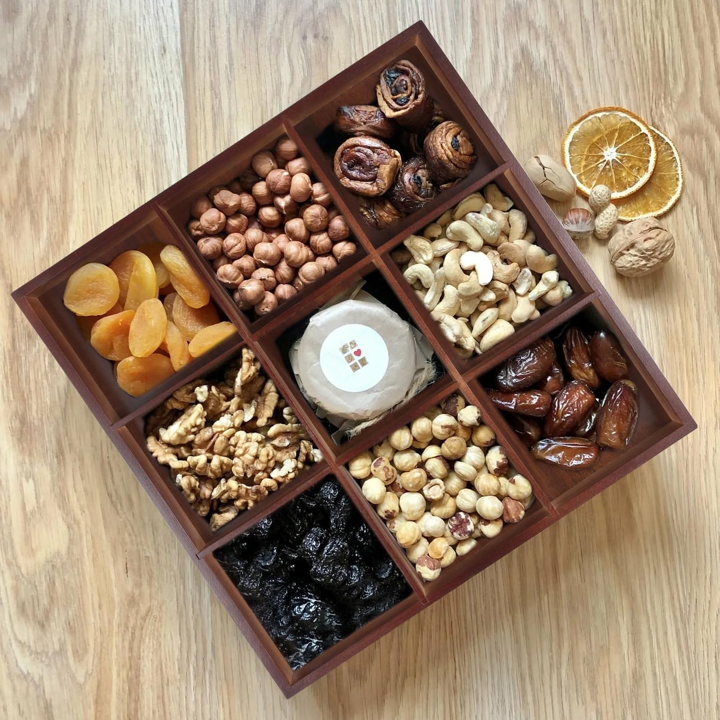 FUNSUEI 2 PCS Multi Compartment Wooden Tray, Divided Wooden Tray, Bamboo Serving Tray with 9 Sections, Wood Divided Snack Tray Storage Box for Appetizers, Jewelry, 12 x 12 x 1.85 Inch