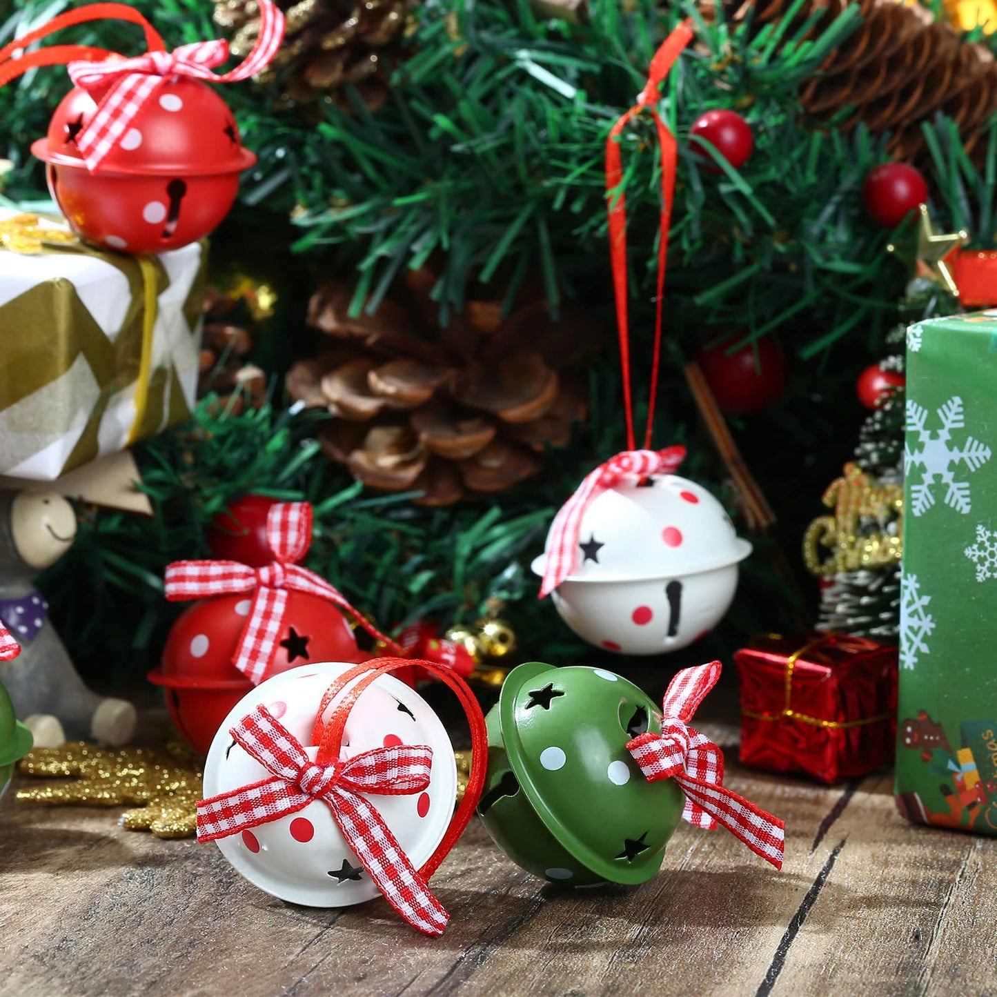 Naler 24 Pieces Christmas Jingle Bells with Ribbon Metal Cutout Craft Bells Hanging Ornaments for Christmas Tree Xmas Decoration, Red Green White, 1.57”