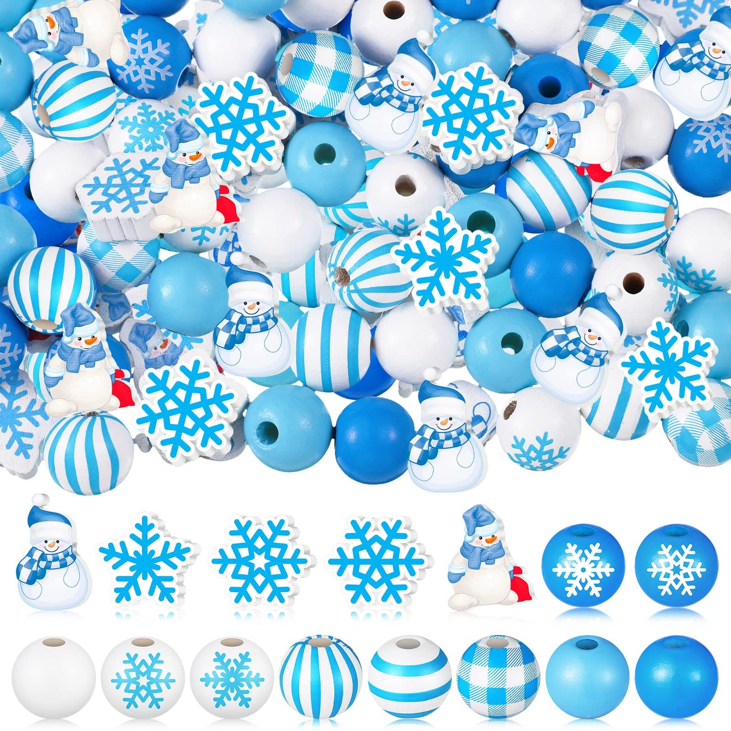 Bencailor 200 Pcs Winter Wooden Beads Winter Snowflake Craft Beads 16 mm 20 mm Snowman Wood Craft Buffalo Plaid Round Loose Spacer for DIY Garland Home Decor