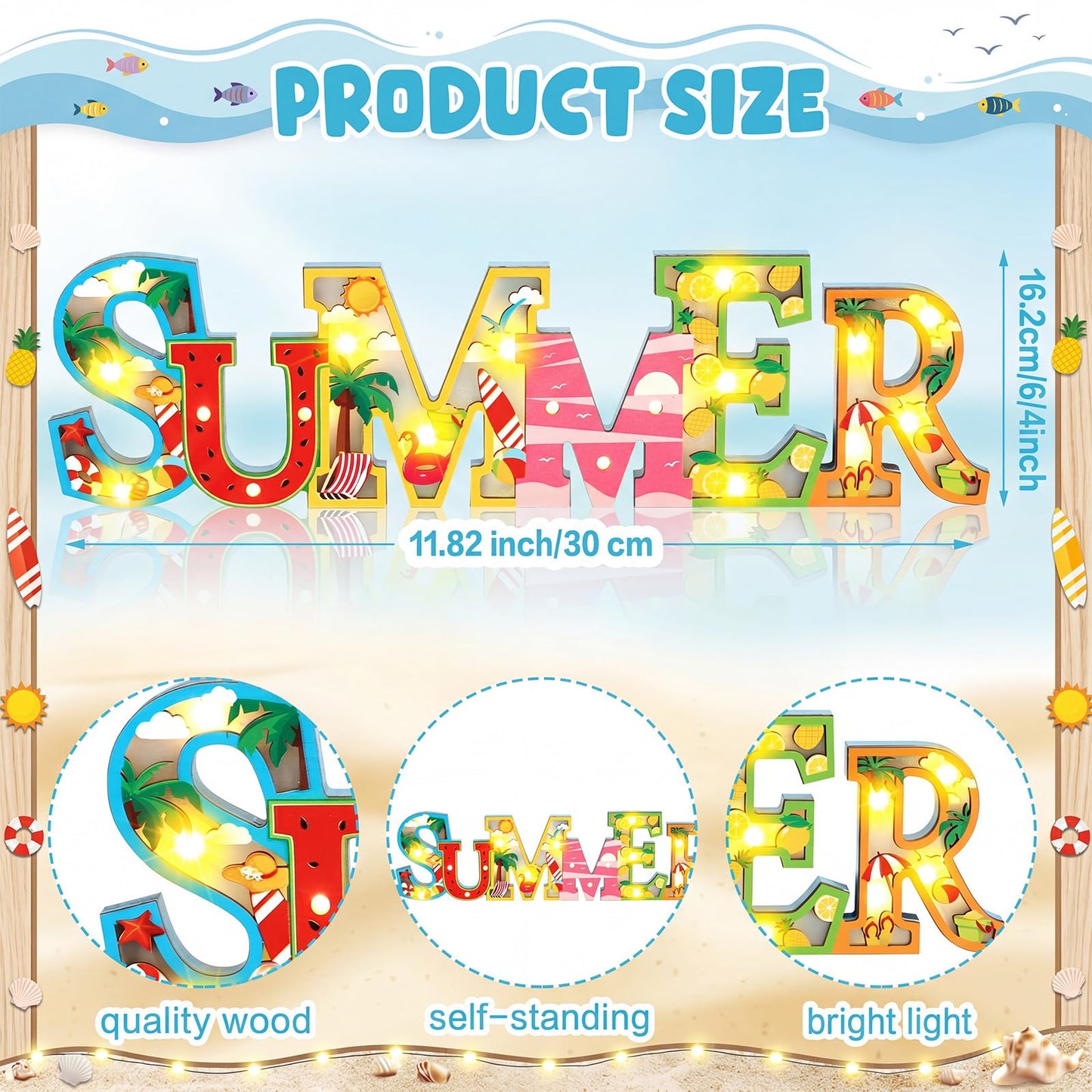 Geetery Summer LED Wooden Sign Watermelon Wooden Words Sign Tabletop Centerpiece Decor Beach Decorations for Summer Table Home Indoor Party