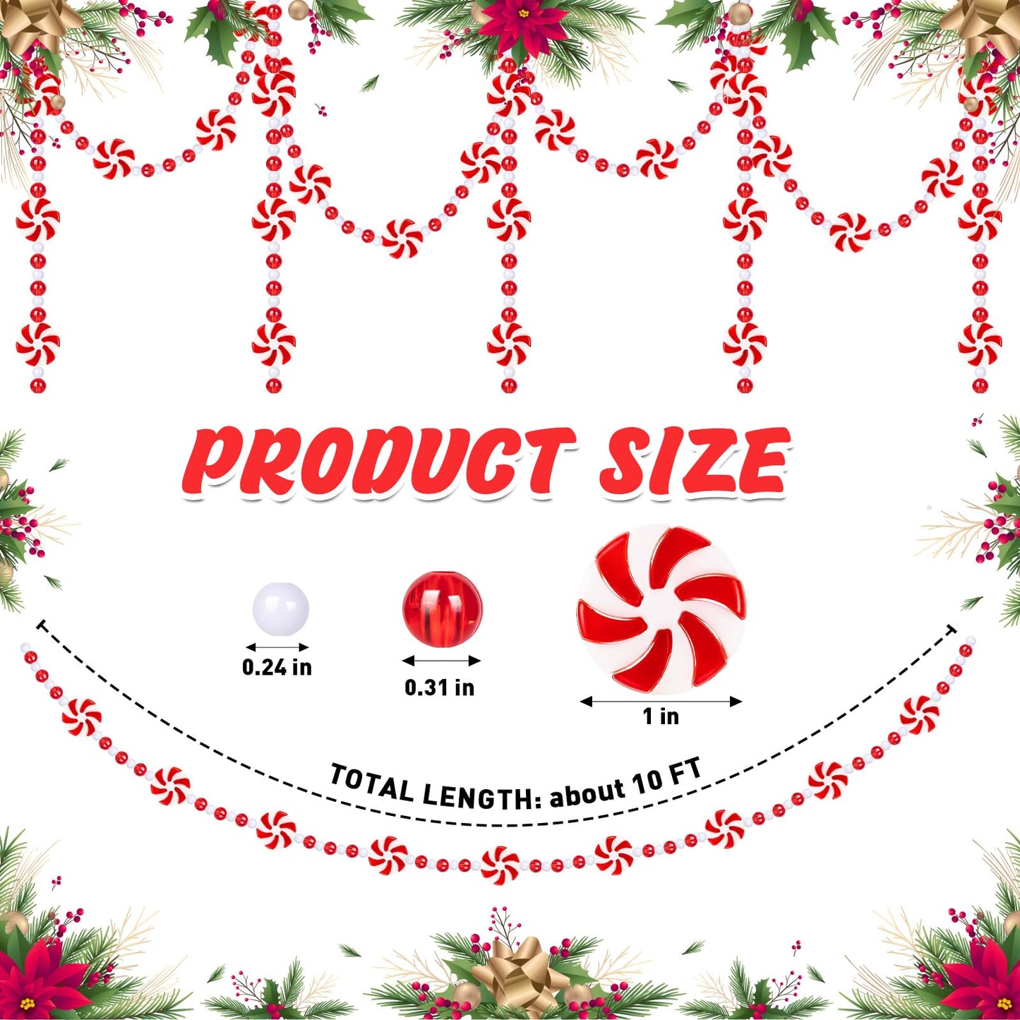 Christmas Candy Garland, Red Christmas Tree Bead Garlands Xmas Decorations Hanging Peppermint for Party Wreaths Home Fireplace Ornaments (10 Feet)