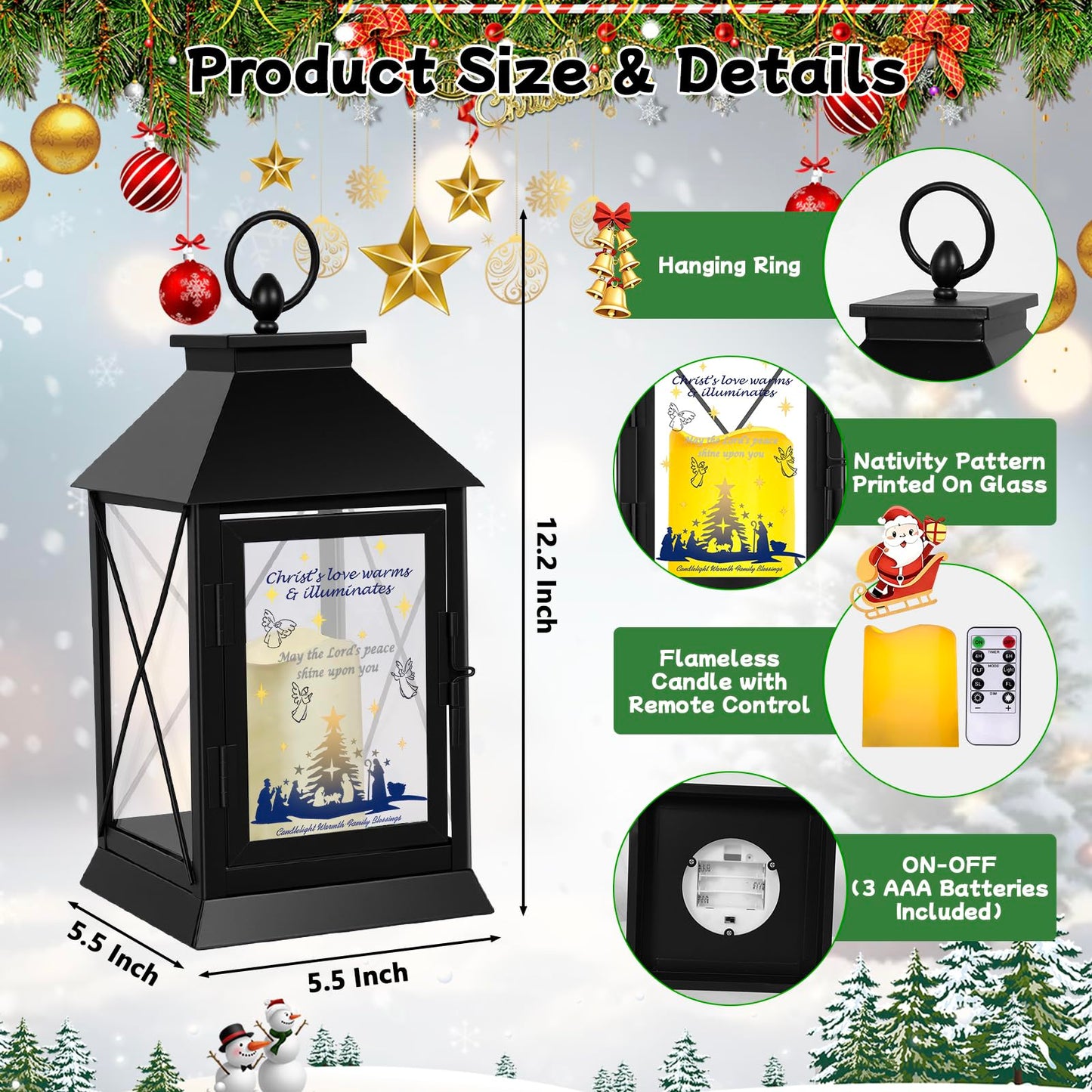 Christmas Candle Lantern Metal with LED Flickering Flameless Candles Light Xmas Decoration Lantern Indoor Outdoor Decorative for Table Home Decor Party Gift (Religion)