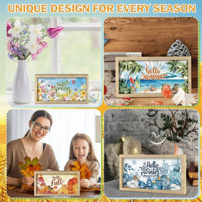 RattanView 25 Pcs 9.7 x 4.8" Interchangeable Seasonal Decor Holiday Sign Wooden Desk Table Decor Interchangeable Welcome Sign with Wooden Frame Wreaths for 4th of July Office Home Rustic Tiered Tray