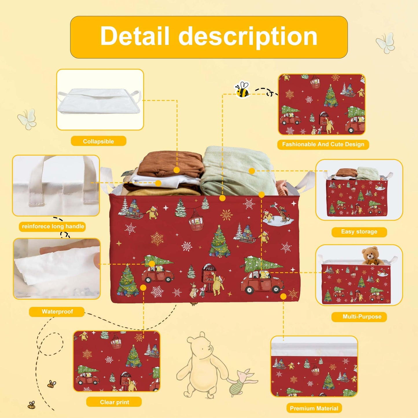 ZsaTuiy Winnie Theme Christmas Storage Basket,Hamper Winnie Baby Stuff Collapsible Storage Bin Laundry Hamper With A Waterproof PE Coating,Perfect Decoration for Baby Boy Girl Shower