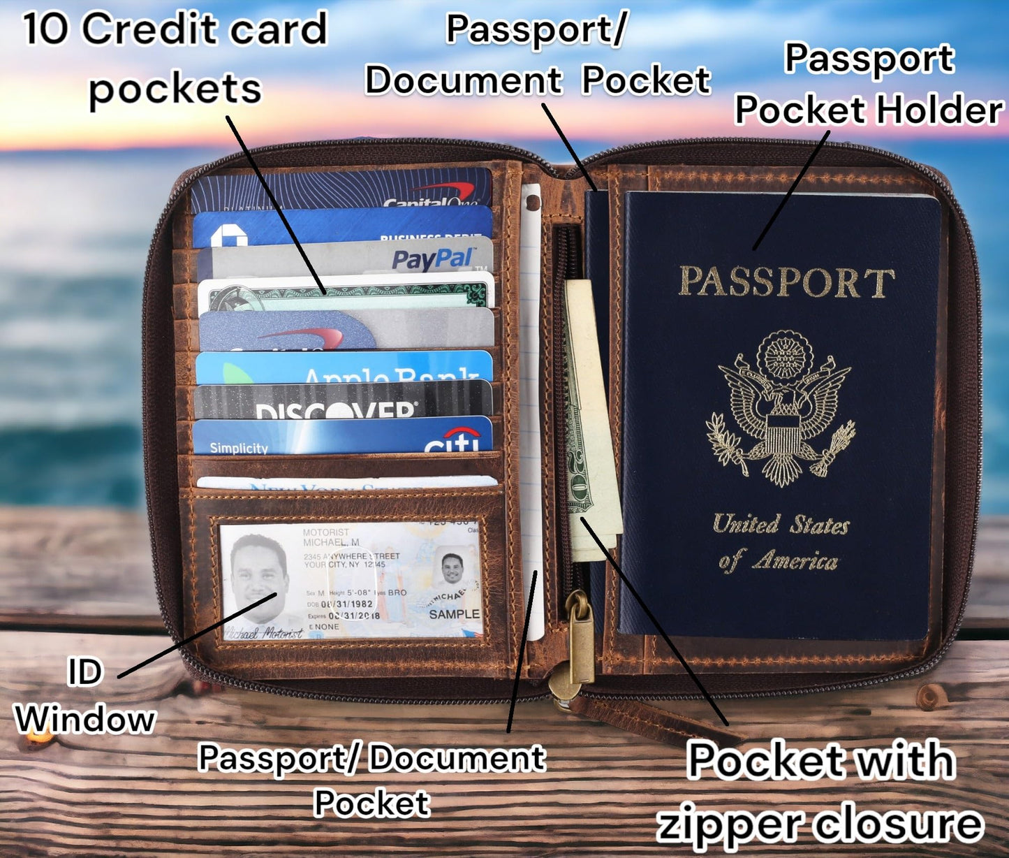 Passport Wallet - Travel Document Holder w/RFID Blocking – Full Grain Leather – Bifold compact zip around Wallet with Credit Card Slots for Women and Men,distressed brown,500-30