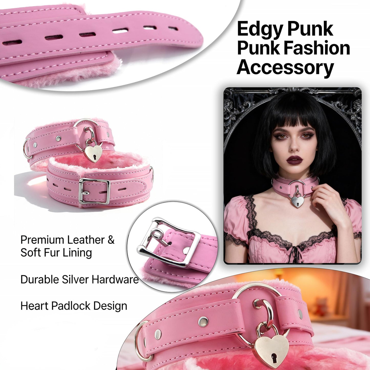 Kiheony Punk gothic Leather choker collar for women, collar with Heart Lock Adjustable Gothic choker (Heart Lock, Pink)
