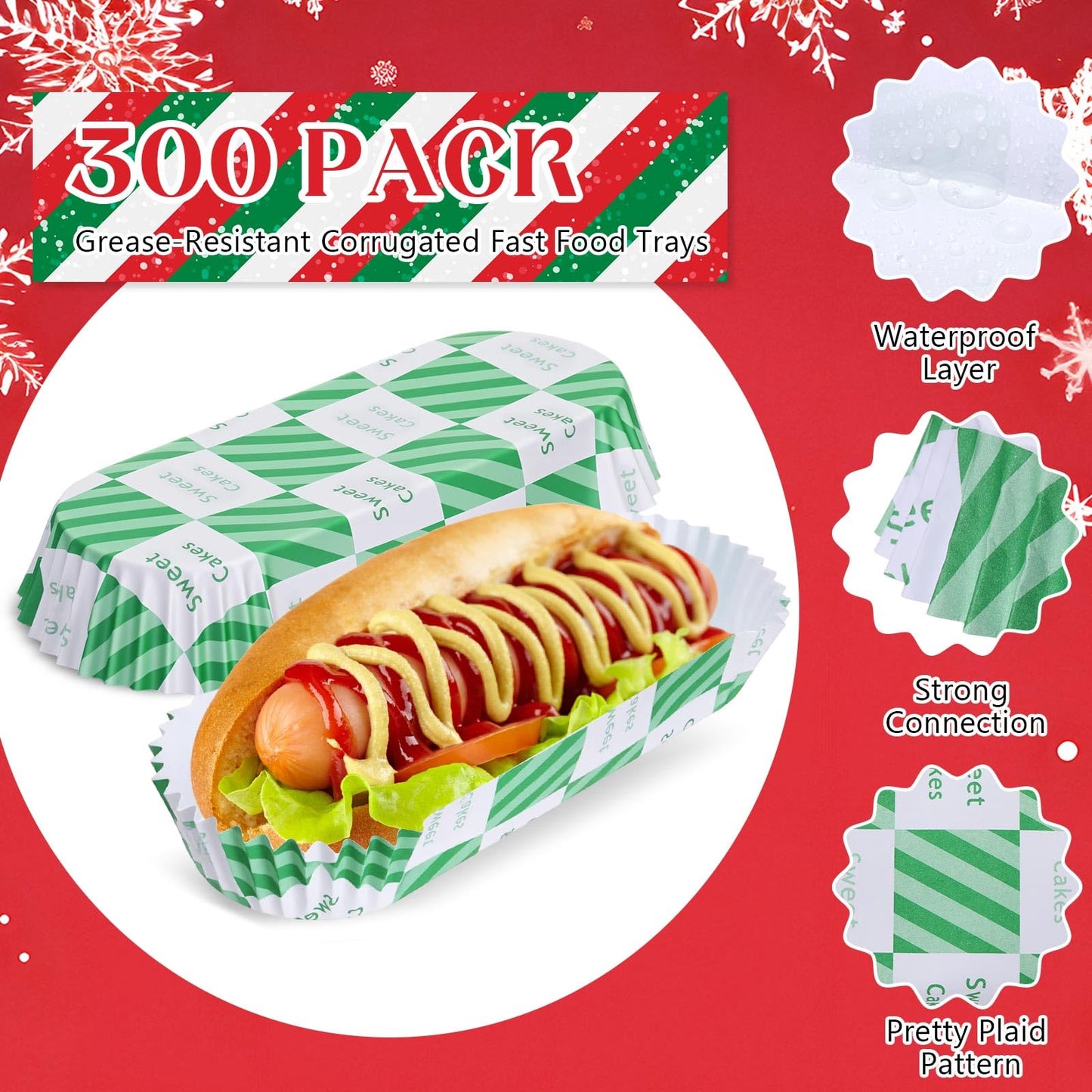 Yinkin 300 Pcs Paper Hot Dog Trays Valentine's Day 6 Inch Food Trays Concession Stand Supplies Disposable Hot Dog Holder Paper Hotdog Boats Rectangular Liners for Christmas Party(Green Red,Checkered)