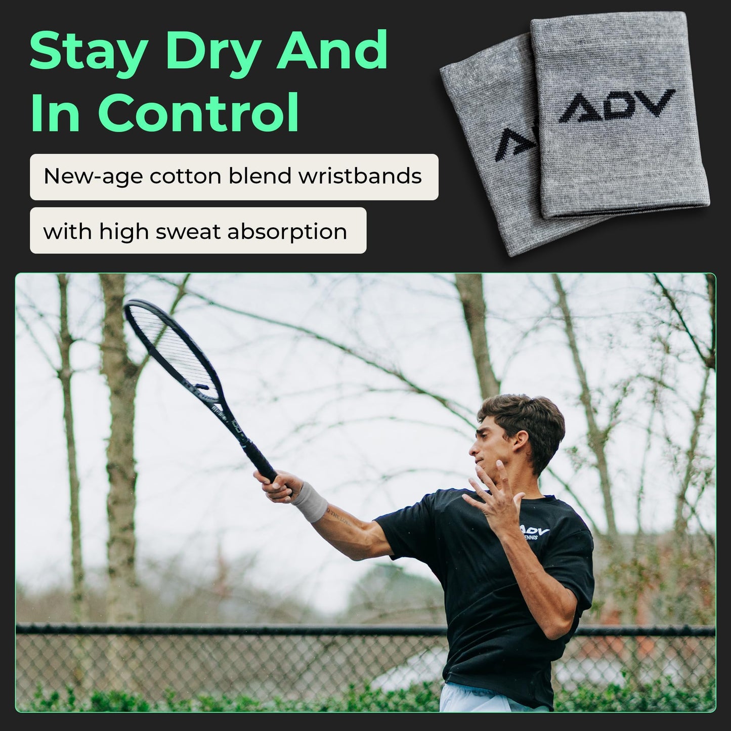 ADV Tennis Wristbands with New Age Polyester Cotton Blend - Ultra Absorbent Wrist Sweatbands - Doublewide & Slim Wrist Bands for Sweat - 4 Pack or 2 Pack (4-Pack Gray, M/L)