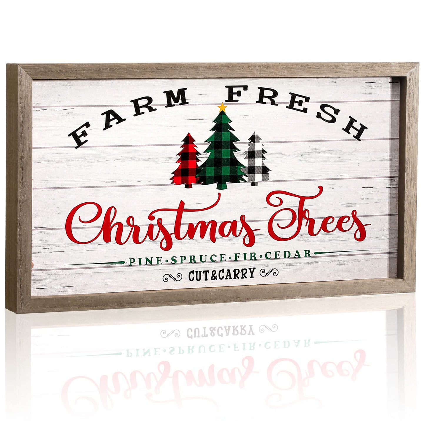 Christmas Signs Farm Fresh Christmas Trees Wood Sign Rustic Farmhouse Holiday Decor with Wooden Frame Buffalo Plaid Xmas Winter Hanging Wall Decor for Home Party Living Room Fireplaces Table Decor