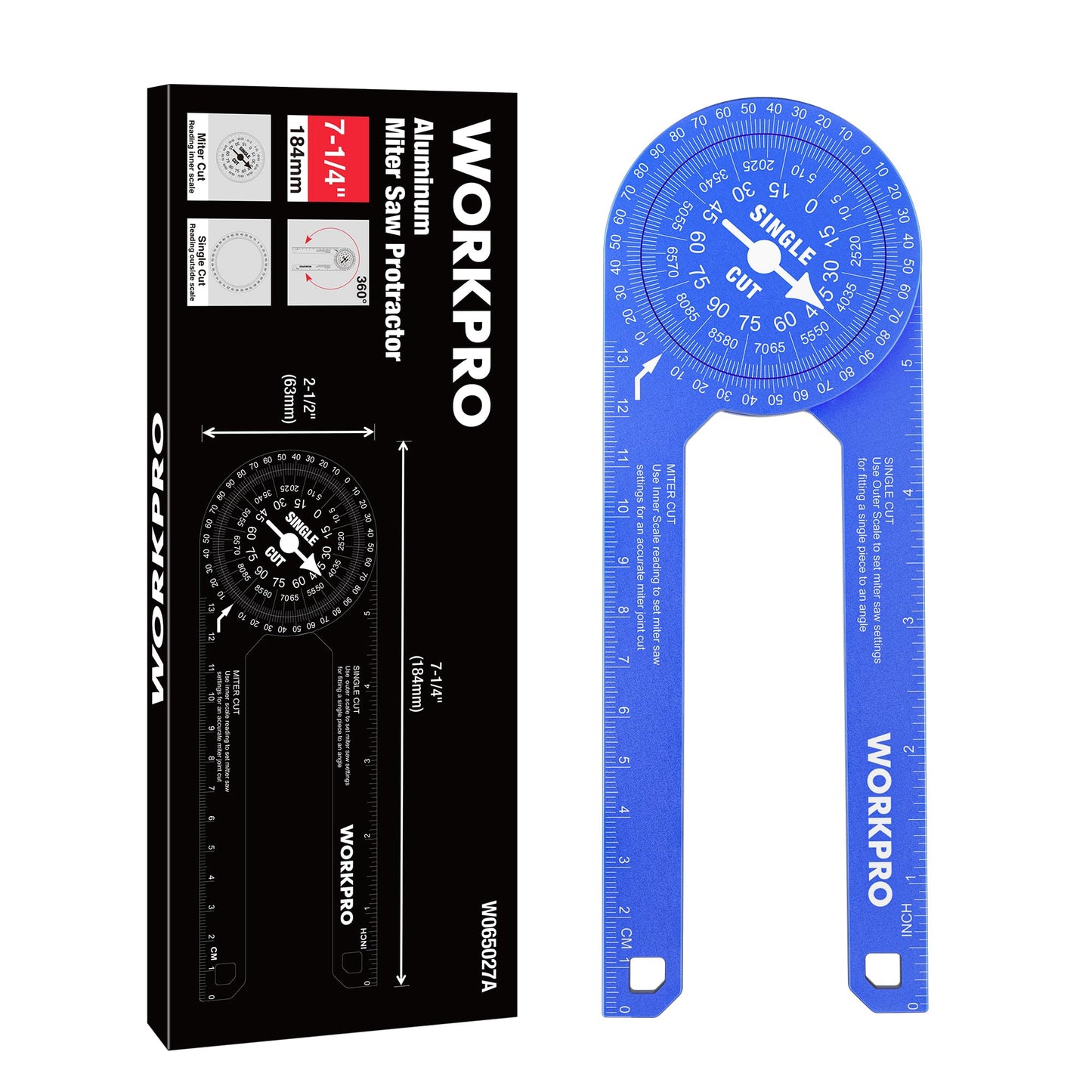 WORKPRO Aluminum Miter Saw Protractor, 7.3 Inch Angle Finder Featuring Precision Laser Engraved Scales for Inside and Outside Corner, Carpenters, Plumbers and All Building Trades, 360° Rotation, Blue