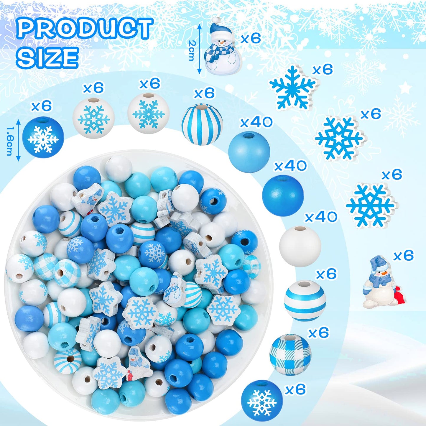 Bencailor 200 Pcs Winter Wooden Beads Winter Snowflake Craft Beads 16 mm 20 mm Snowman Wood Craft Buffalo Plaid Round Loose Spacer for DIY Garland Home Decor