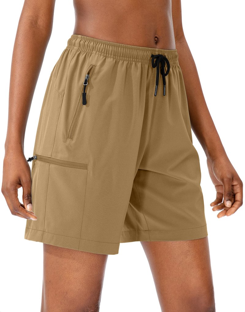 SANTINY Women's 5''/ 7''/9'' Hiking Cargo Shorts Quick Dry Lightweight Summer Shorts for Women Athletic Golf Zipper Pockets(Dark Khaki_L)