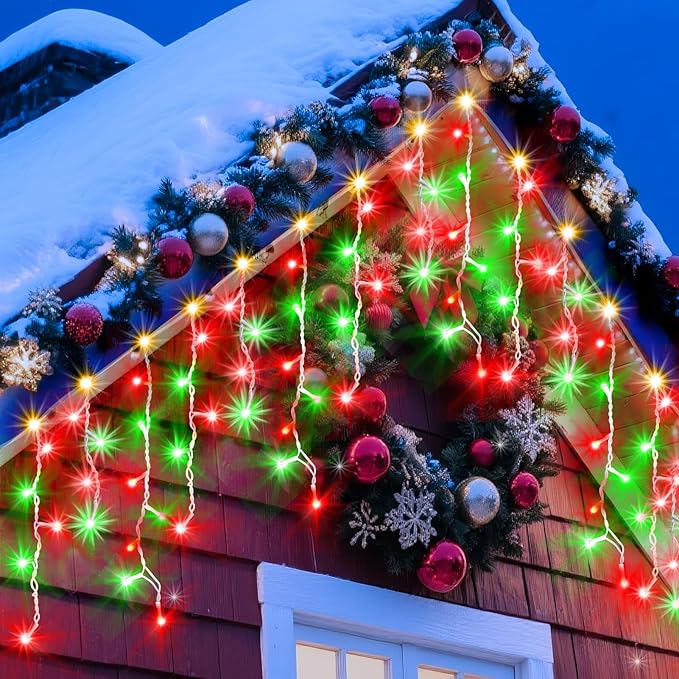 XURISEN 132ft Christmas Lights Decorations Outdoor, 1280 LED 8 Modes Fairy Lights with 240 Drops,Plug in Waterproof Timer Memory Function for Christmas Holiday Wedding Party Decorations(Red+Green)