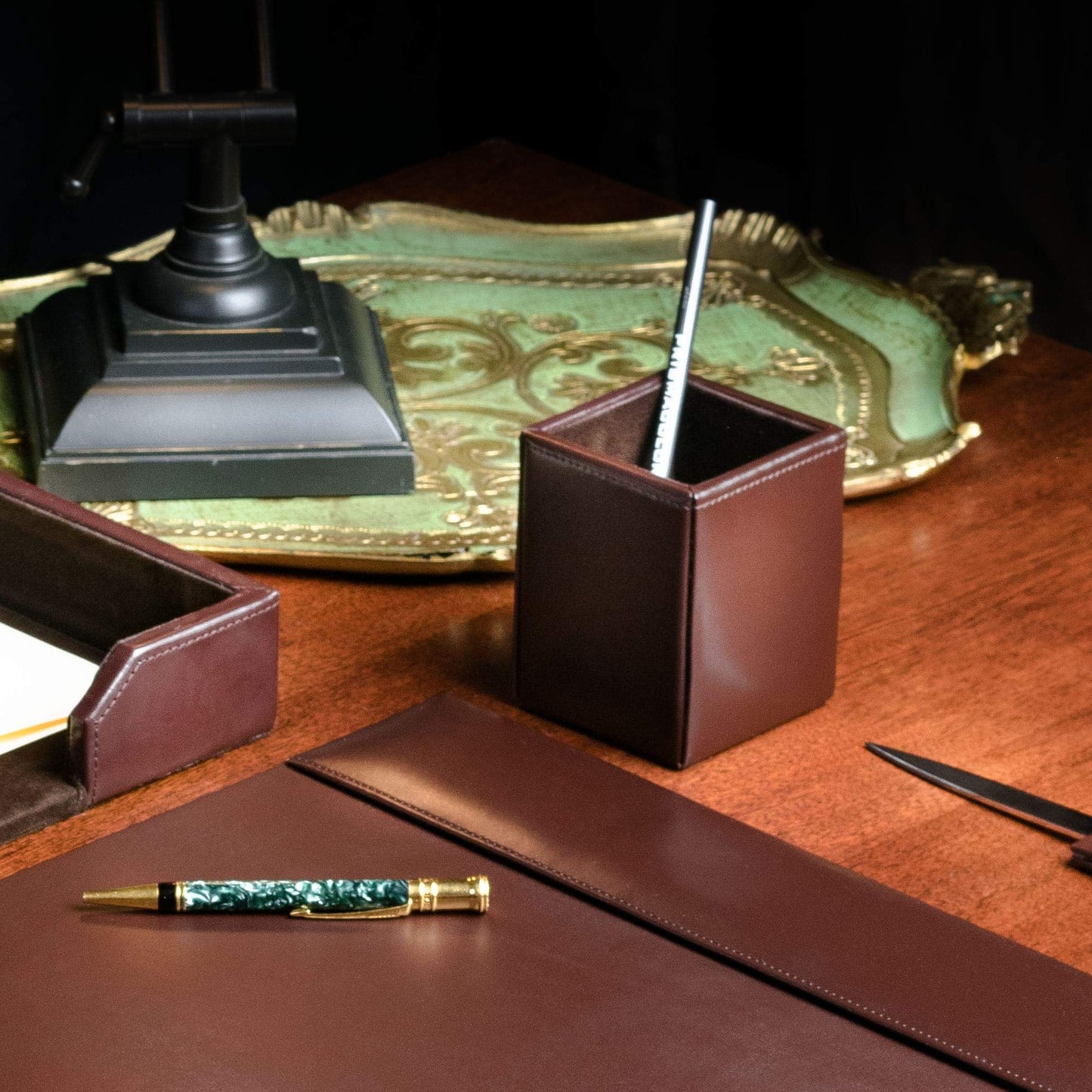 DACASSO Bonded Leather Pencil Cup - Luxury Cup Storage for Pens, Pencils, & Office Accessories - Elegant Pen Organizer & Executive Desk Decor - (Dark Brown)