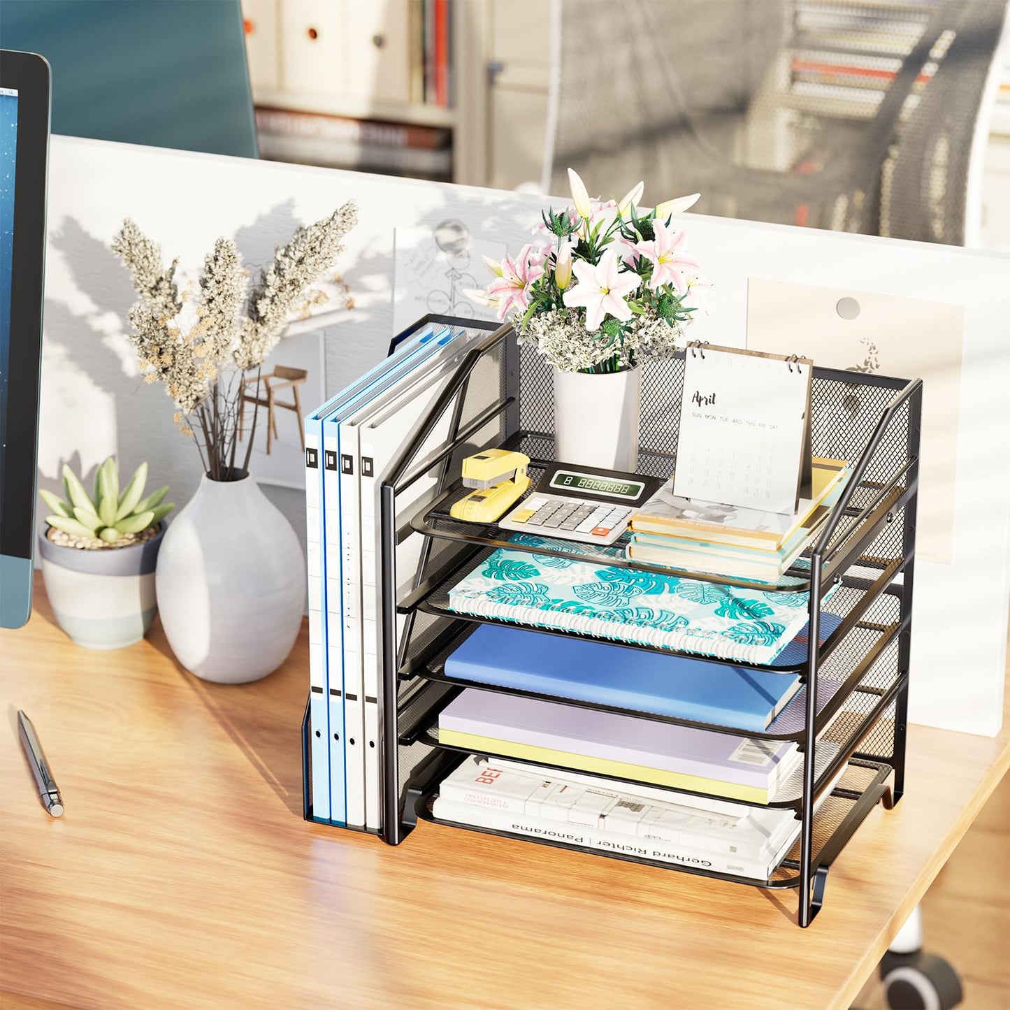 Simple Trending Desk Organizers and Accessories, 5-Tier Desk File Organizer, Paper Letter Tray Organizer with File Holder, Black