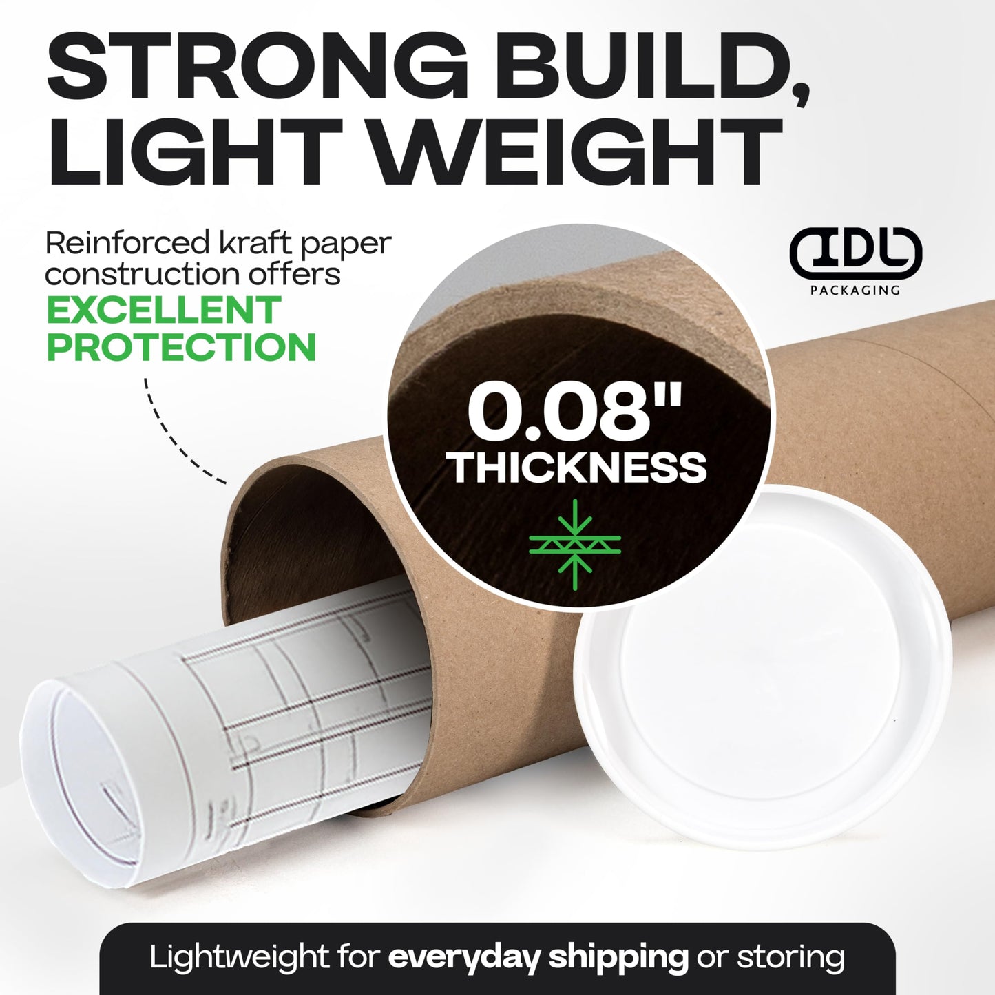 Cardboard Mailing Tube, 4" x 36" with Plastic Caps - USA-Made USPS Approved Poster Tube for Documents & Blueprints - Reinforced Mailing Cylinders for Shipping & Storage by IDL Packaging