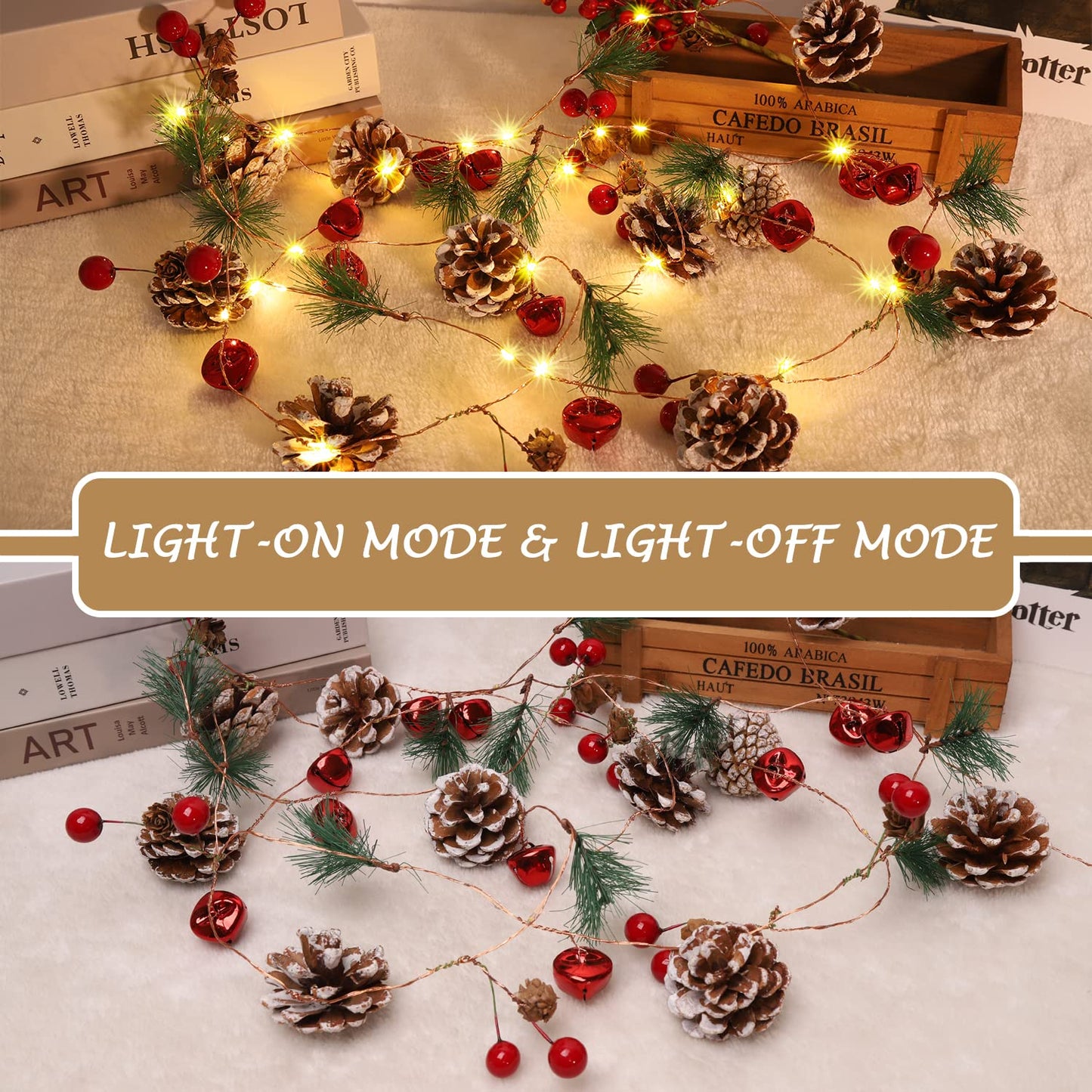10FT Enchanting Christmas Garland with 30 LED Lights Battery Operated-Realistic Red Berries & Pine Cones Decor for Tree,Fireplace Mantel,Indoor Holiday Home Decor (10Ft)