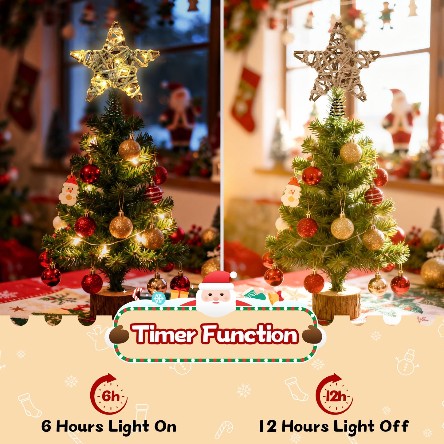 Joytry Christmas Tree Topper Rustic Christmas Tree Topper Star 6 Inch, Battery Operated Lighted Jute Rattan Star Warm White Light Christmas Tree Decoration for Small Tabletop Christmas Trees