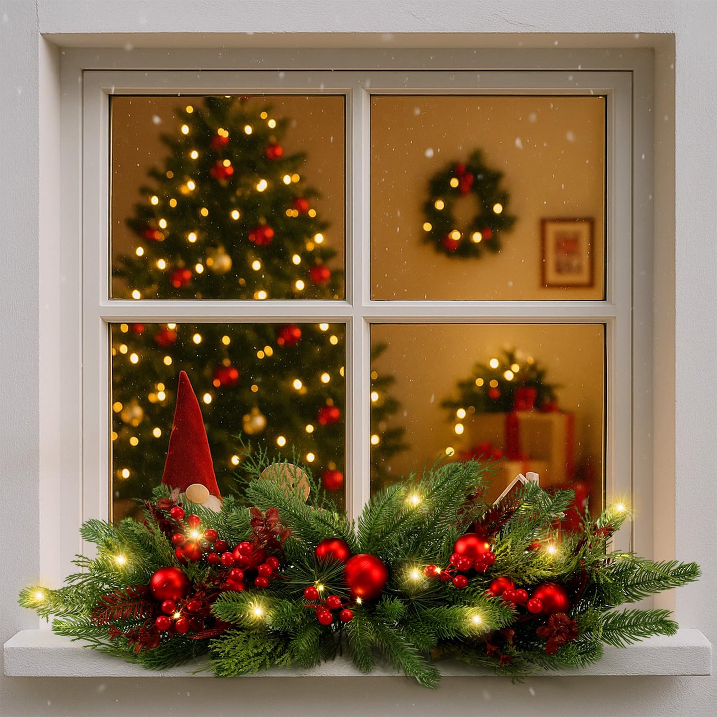 Yalikop 24.5 inch Christmas Swags with Light Artificial Pine Needles Swag Decoration Greenery Christmas Swag for Front Door Window Stair Fireplace Mantle Holiday Xmas Decor(Ball and Berry)