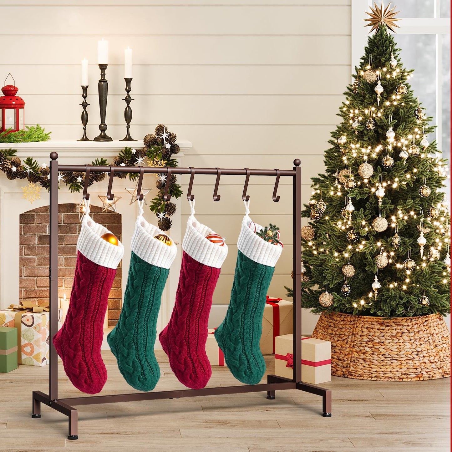 ELYKEN Christmas Stocking Holder, Free Standing Stocking Rack with 8 Removable Hooks, Small Stocking Stand, Heavy Duty Metal Tubes with Stable Base and Adjustable Feet, Bronze