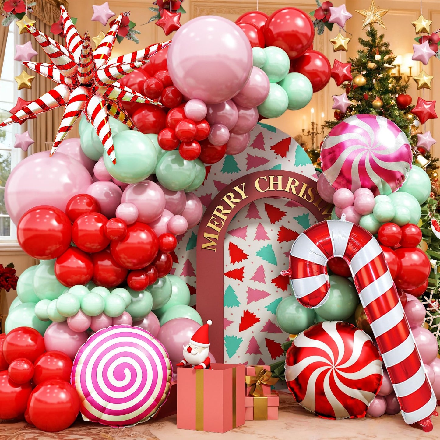 Merry Christmas Balloon Arch Kit Pink Balloon Garland, 112pcs Christmas Decorations Pink Red Green Balloons with Windmill Cane Foil Balloon, Baby Shower Xmas Party Supplies Decor