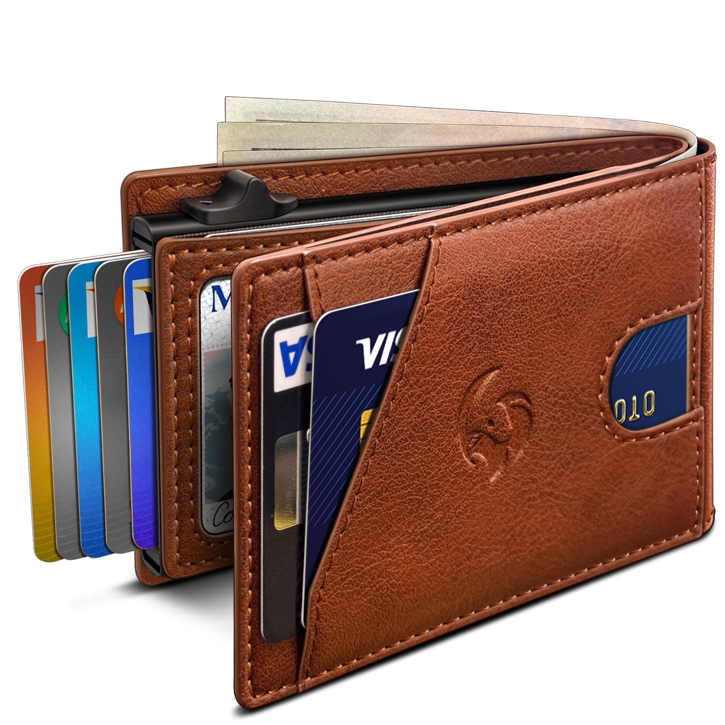 Housmai Wallet for Men, Slim Pop Up Card Holder with RFID Blocking, Minimalist Bifold Wallet with 9 Card Slots, ID Window and Cash Pocket, Metal Flip Case with Magnetic Closure, Gift Box